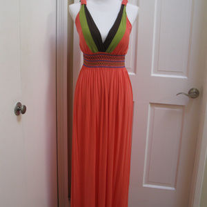 Coral Colored Maxi Dress with Vee Neck